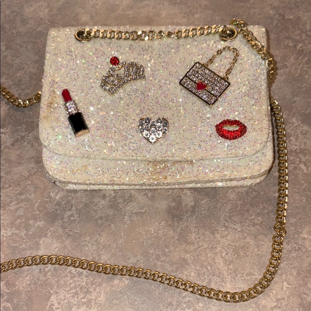 Glittery Cream Mini Bag with Gold Chain